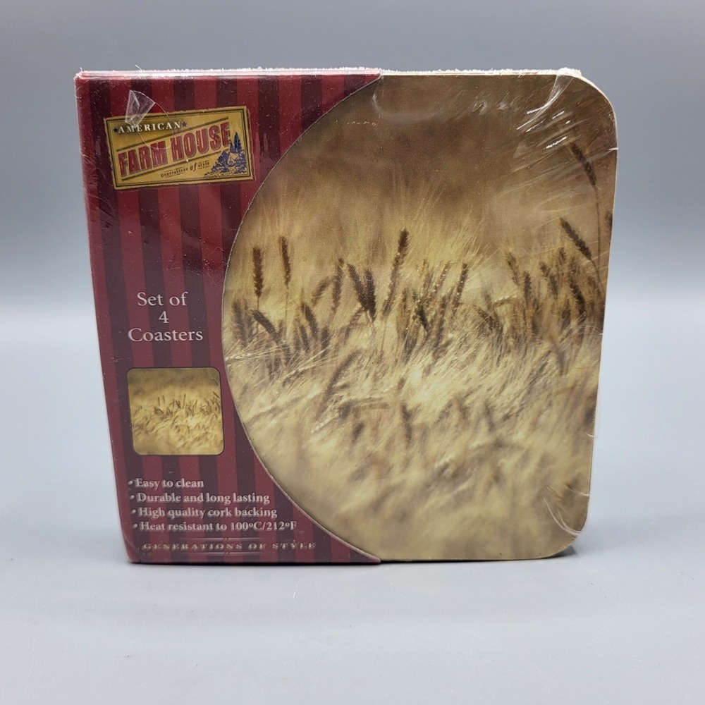 American Farm House Coasters Set of 4 Wheat Field Harvest Cork Backed Brown